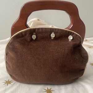 Vintage Bermuda Handbag with Wooden Handle Brown Corduroy